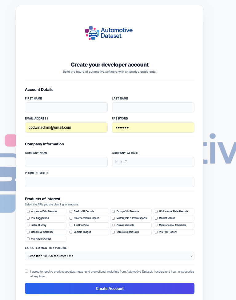 Automotive Developer Account